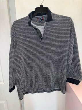 Blue Label Men's Gray Striped Long-Sleeve Polo with Navy Trim